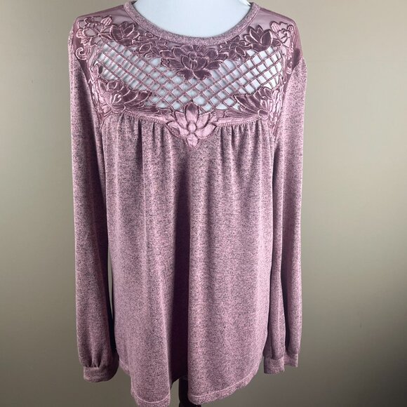 Maurices Long Sleeve Fine Knit Top Size L Pink Black Heathered Print Floral Lace - Picture 2 of 9
